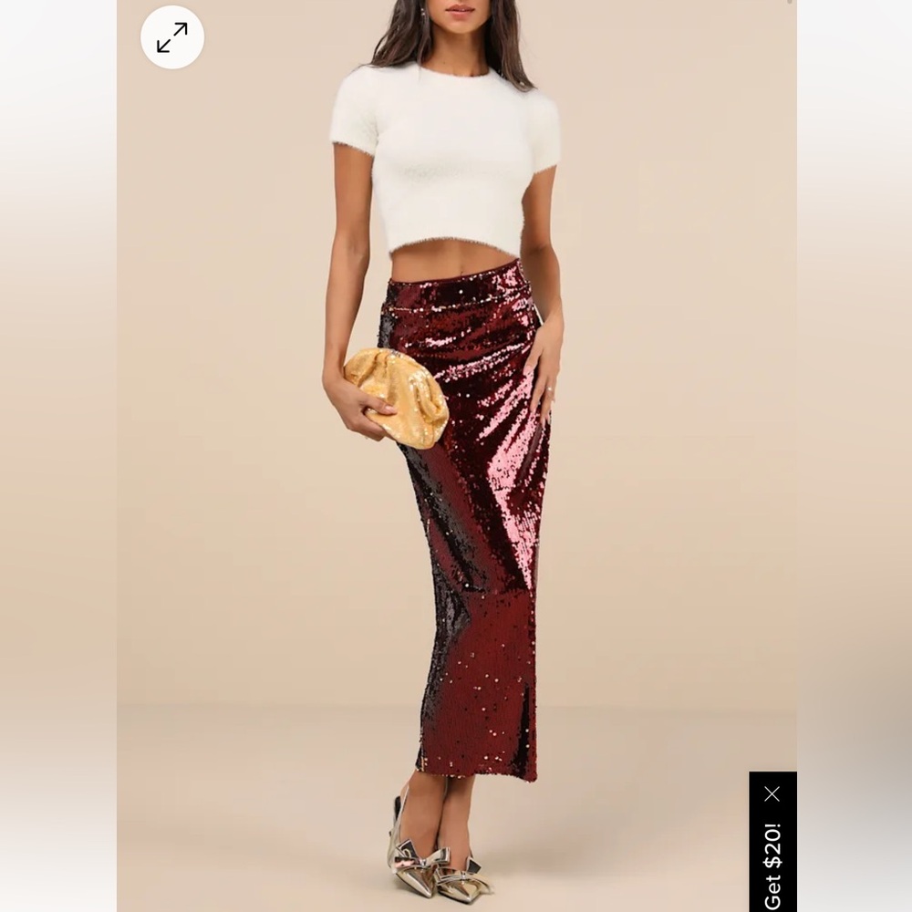 Burgundy Sequin High-Rise Midi Skirt
Medium / Burgundy
